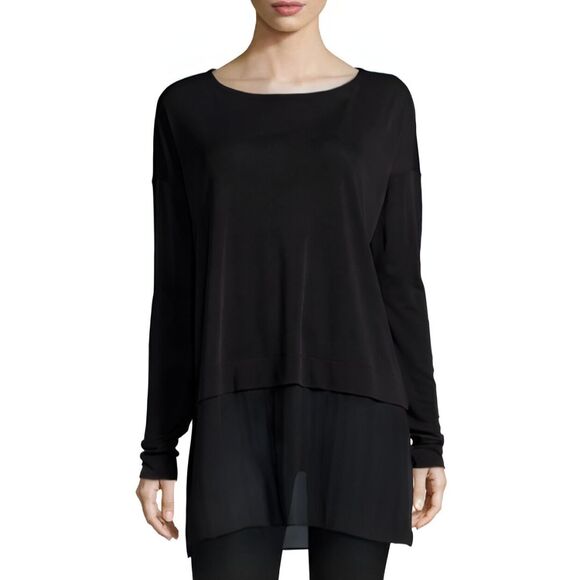Eileen Fisher 100% Silk Bateau Neck Tunic Small Black Chiffon Layer Top Luxury - Picture 1 of 10